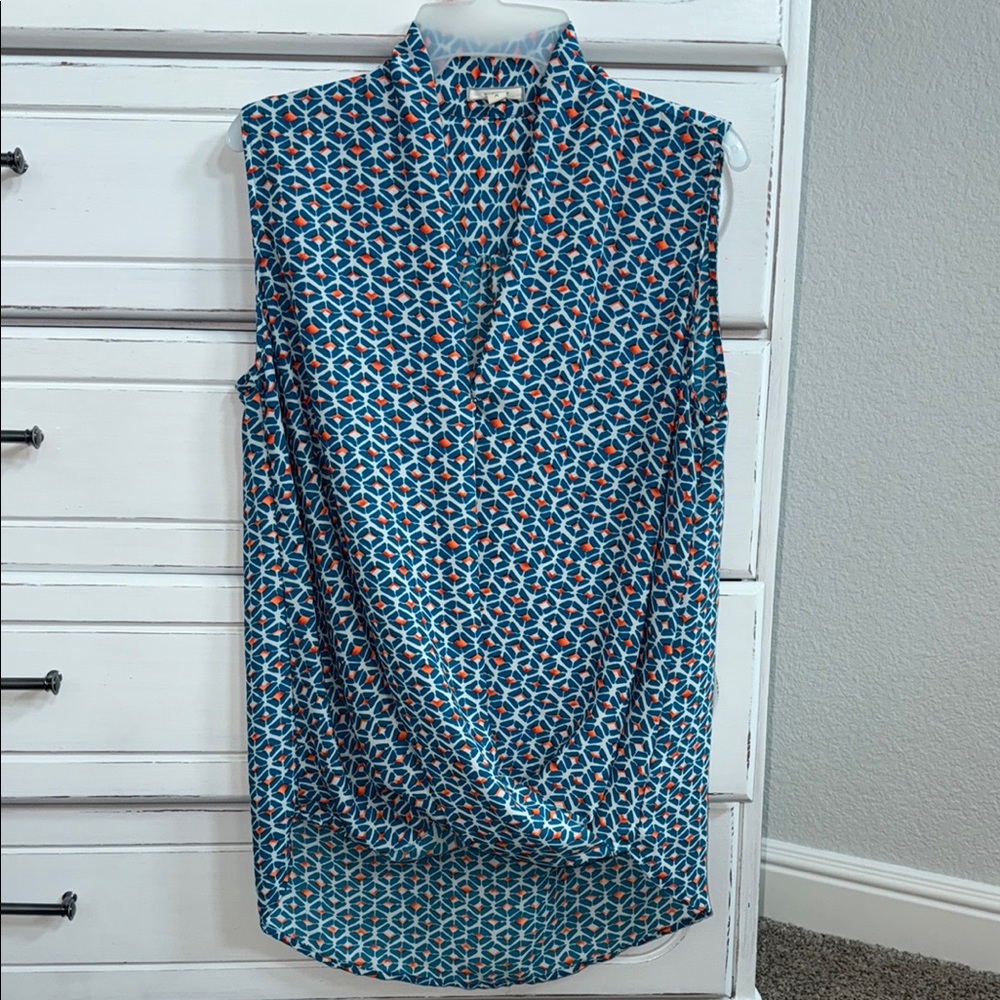 Pleione Size Medium Geometric Sleeveless Blouse in Turquoise and Orange